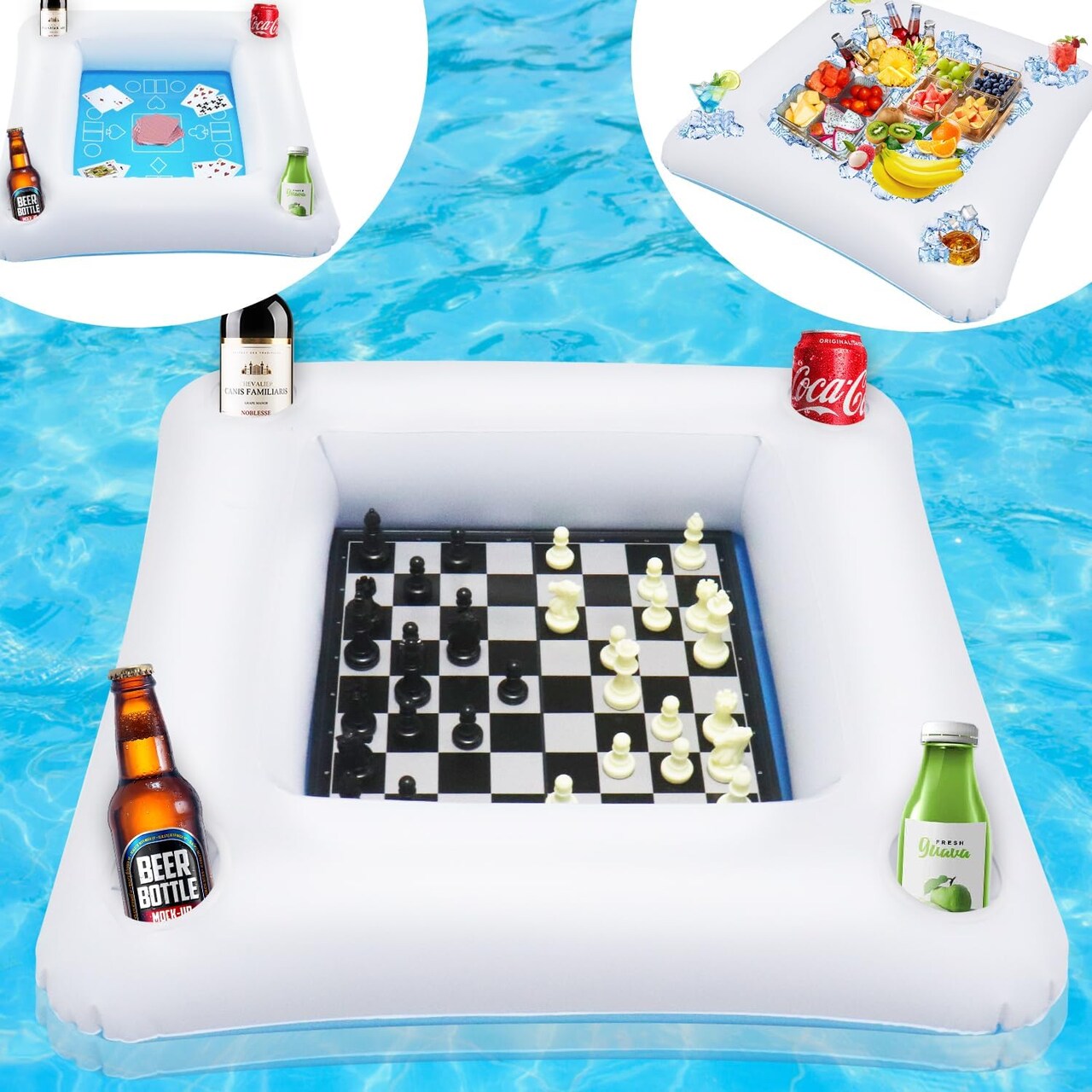 Floating Pool Game Table with Playing Cards - Inflatable Pool Party Tray Float with Foldable Chess Board - Mostop Floating Card Game Table - Pool Float Food Drink Holder for Hot Tub Beach Summer Party